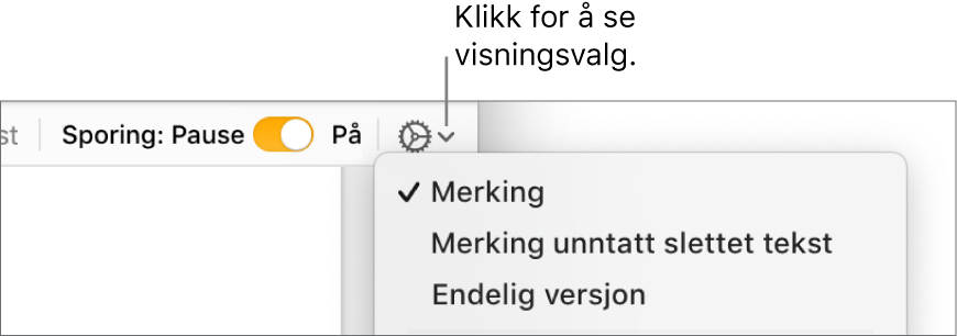 Gjennomgangsvalg-menyen som viser Merking, Merking uten slettet tekst og Endelig versjon.