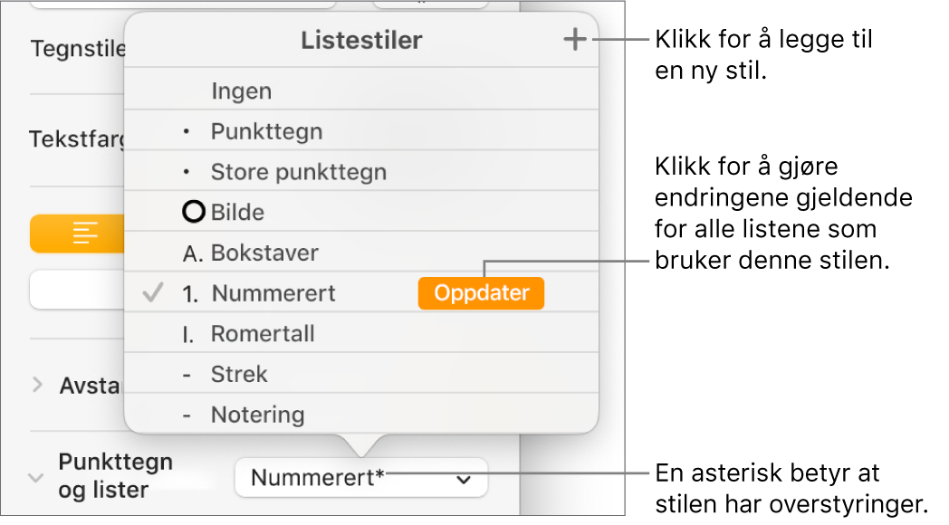 Listestiler-lokalmenyen, med en stjerne som indikerer en overstyring, bildeforklaringer til Ny stil-knappen og en undermeny med valg for håndtering av stiler.