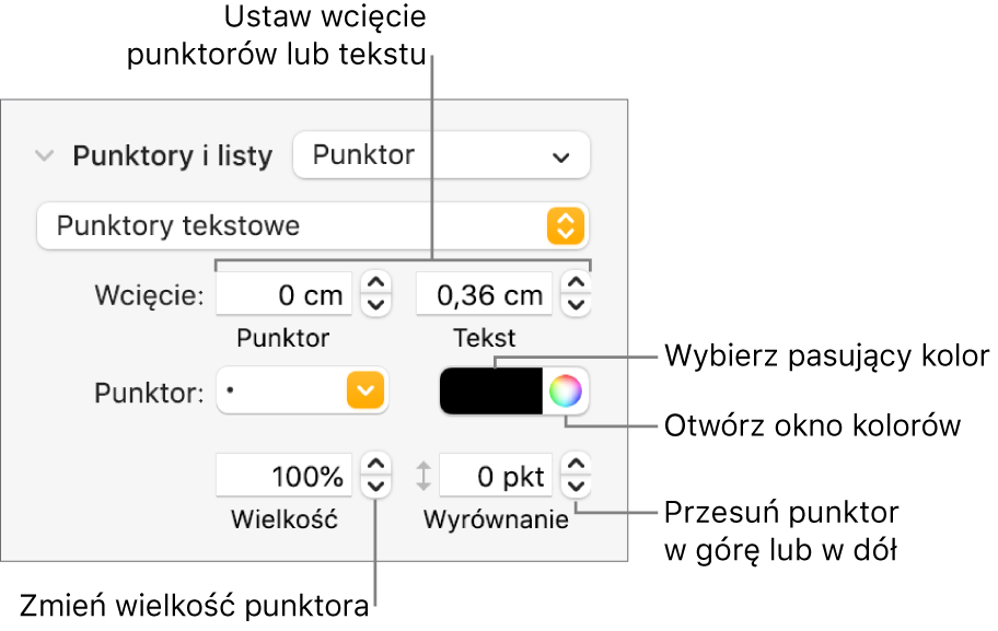 Sekcja Punktory i listy z etykietami wskazującymi narzędzia wcięć punktorów i tekstu, koloru punktora, wielkości punktora oraz wyrównywania.