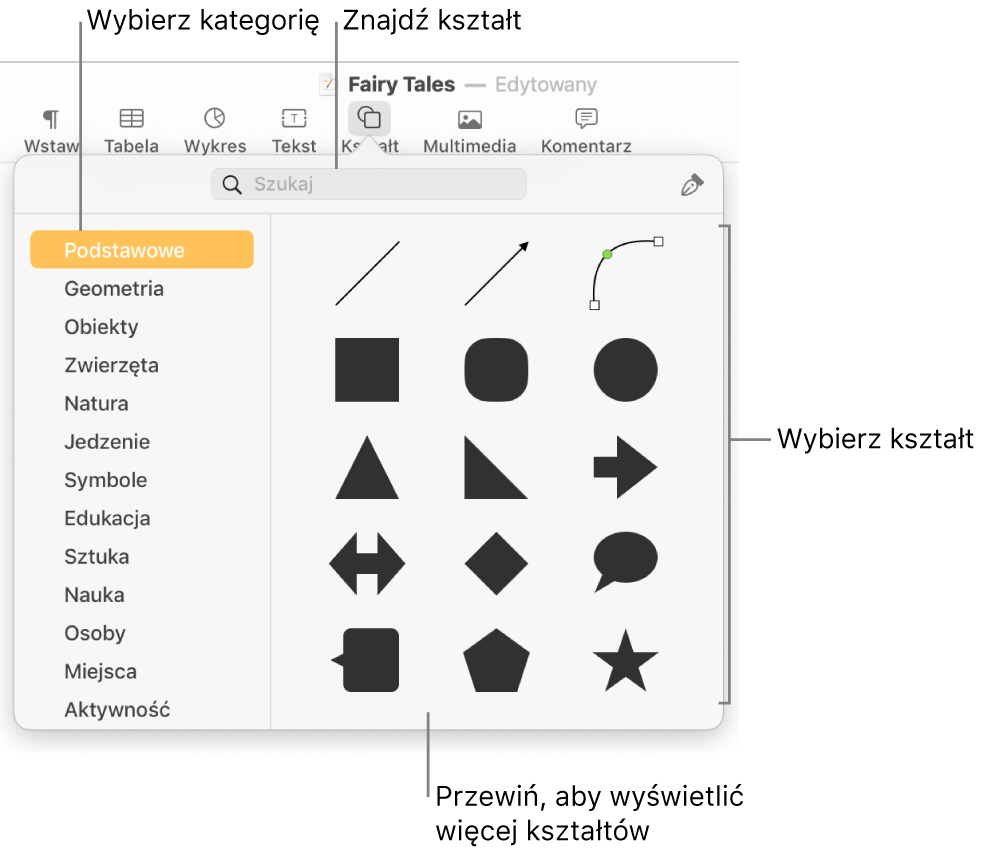 Biblioteka kształtów, po lewej widoczna jest lista kategorii, a po prawej wyświetlane są kształty. Możesz użyć znajdującego się na górze pola wyszukiwania, aby wyszukiwać kształty. Przewiń, aby zobaczyć ich więcej.