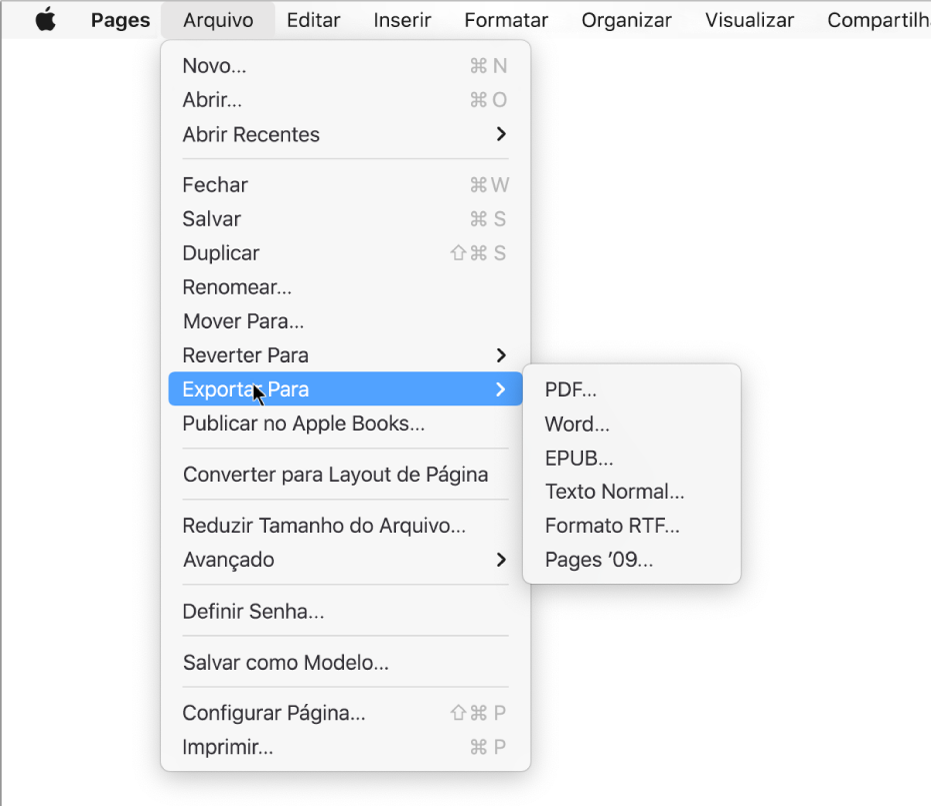 Menu Arquivo aberto com “Exportar para” selecionado, com submenu mostrando opções para PDF, Word, texto normal, formato RTF, EPUB e Pages ’09.