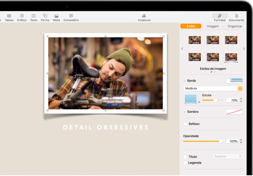 Os controles em Formatar para alterar o tamanho e a aparência da imagem selecionada. Os botões Estilo, Imagem e Organizar se encontram acima dos controles.