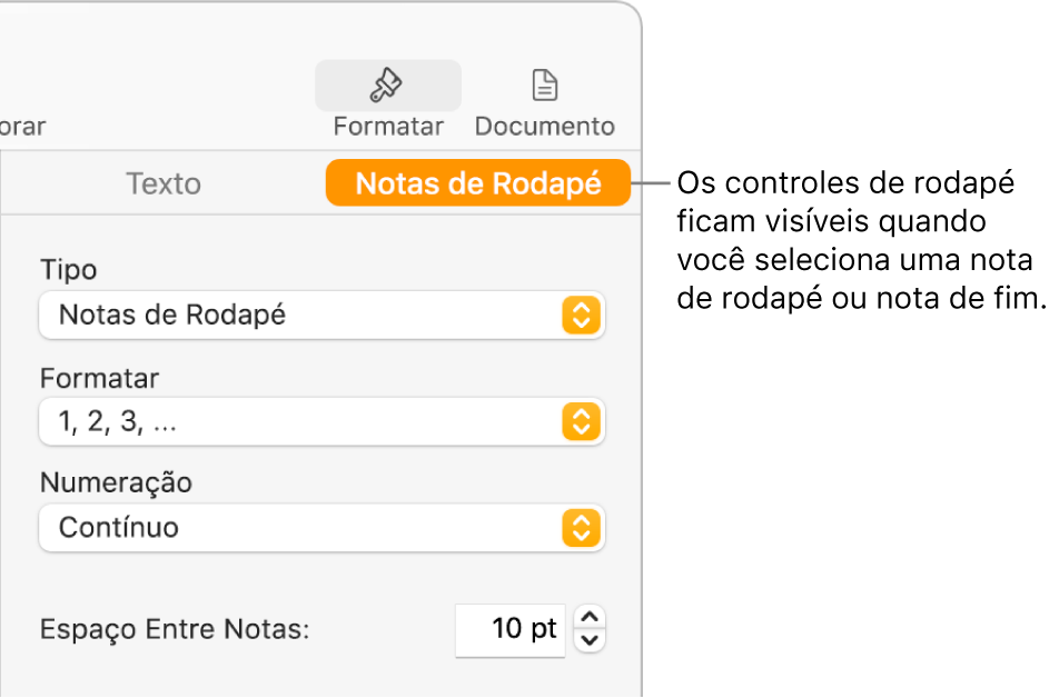 O painel Notas de rodapé, com menus locais para Tipo, Formato, Numeração e espaço entre notas.