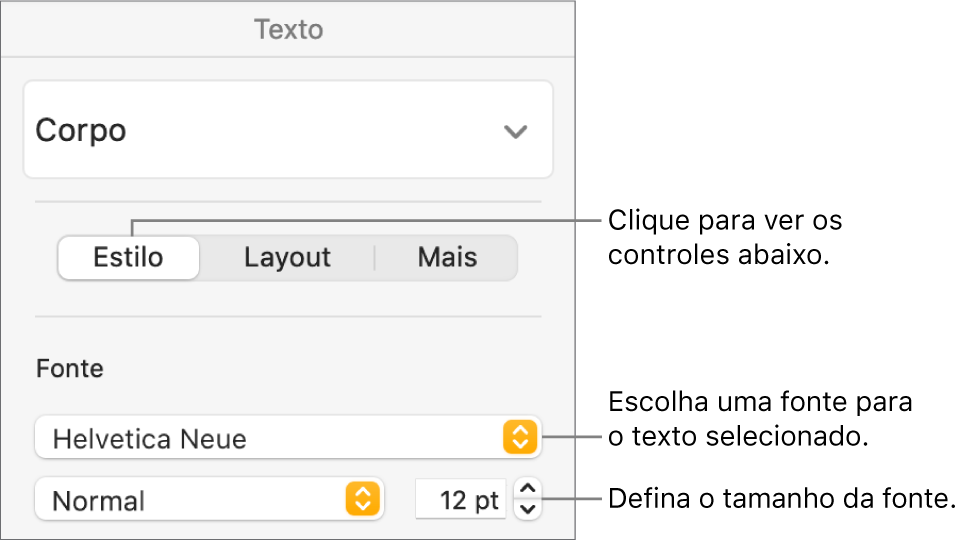 Controles de texto na seção Estilo da barra lateral Formatar para ajustar a fonte e o tamanho da fonte.