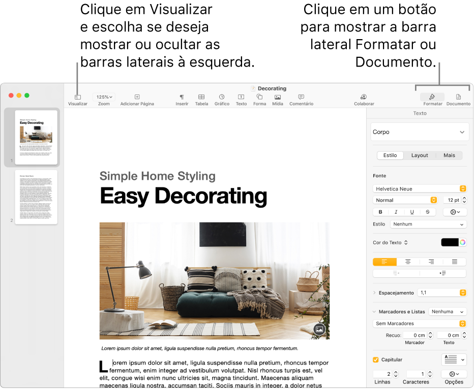 Janela do Pages com chamadas para o botão do menu Visualizar e os botões Formatar e Documento na barra de ferramentas Barras laterais abertas à esquerda e à direita.