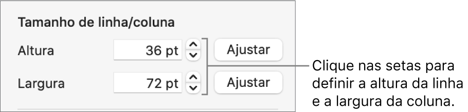Os controlos para definir um tamanho exato de linha ou coluna.