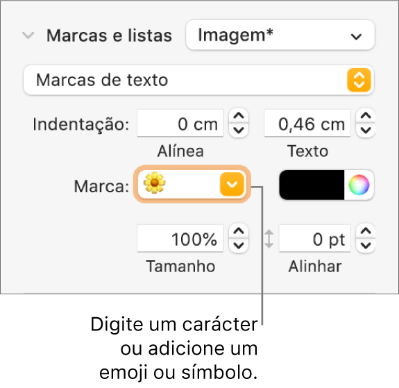 A secção “Marcas e listas” da barra lateral Formato. O campo Marca a mostrar um emoji de uma flor.