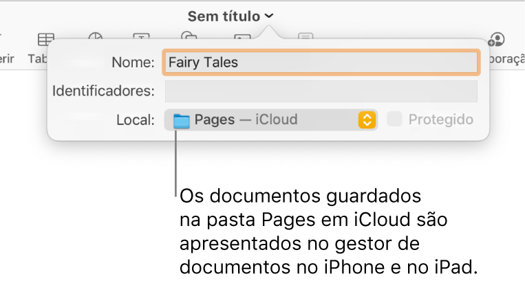 A caixa de diálogo Guardar de um documento com “Pages—iCloud” no menu pop-up Onde.