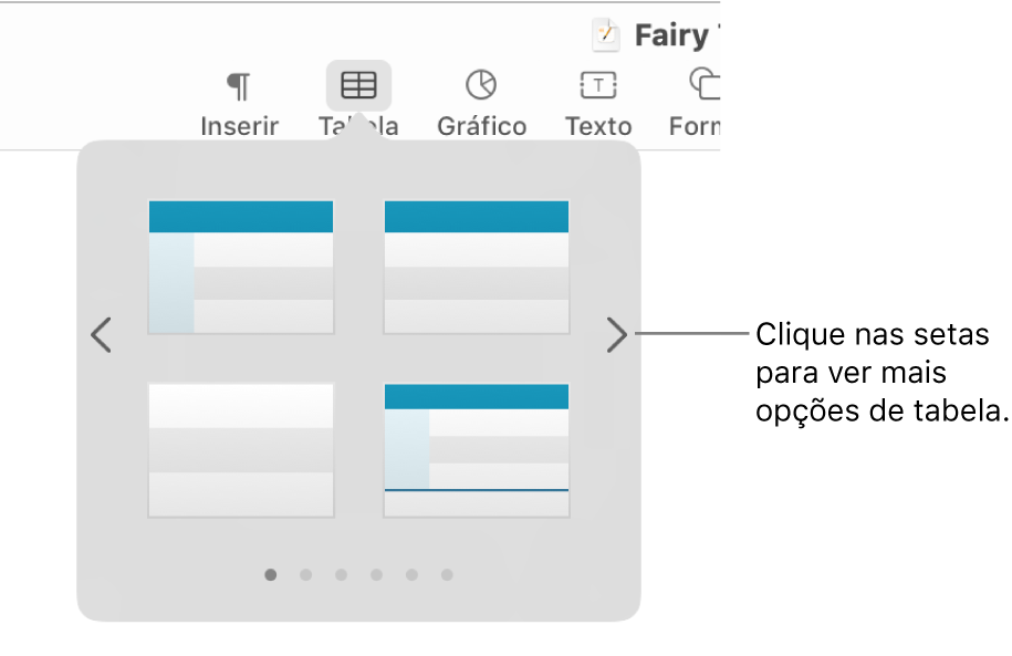 O menu “Adicionar tabela” com as setas de navegação.