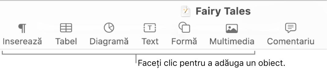 Bara de instrumente Pages cu butoanele Tabel, Diagramă, Text, Formă și Multimedia.