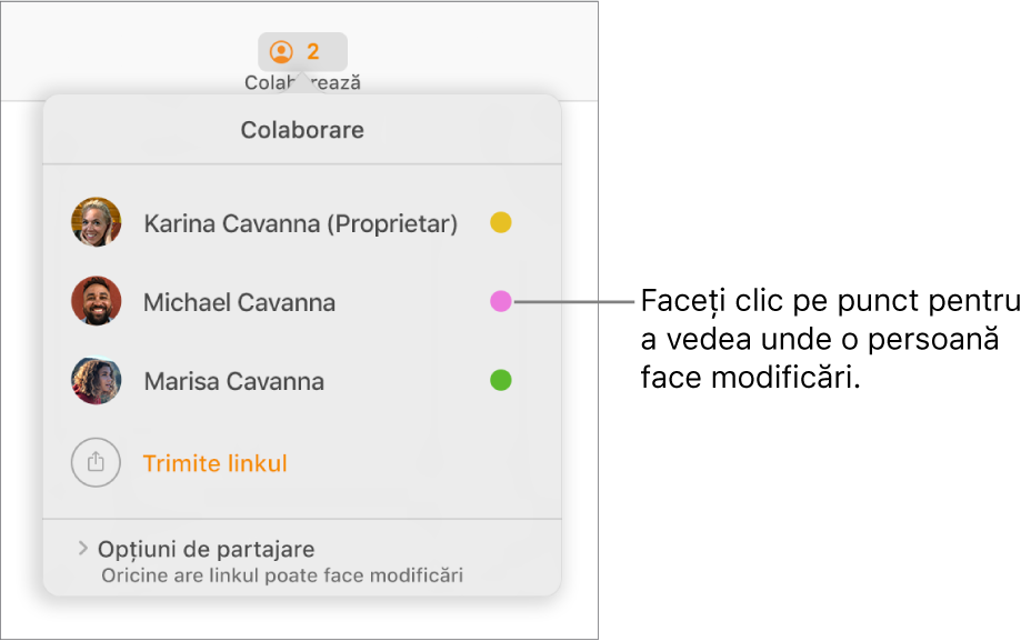 Lista de participanți cu trei participanți și un punct colorat diferit în dreapta fiecărui nume.