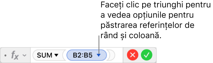 Editorul de formule afișând cum să păstrați rândul și coloana referințelor de interval.