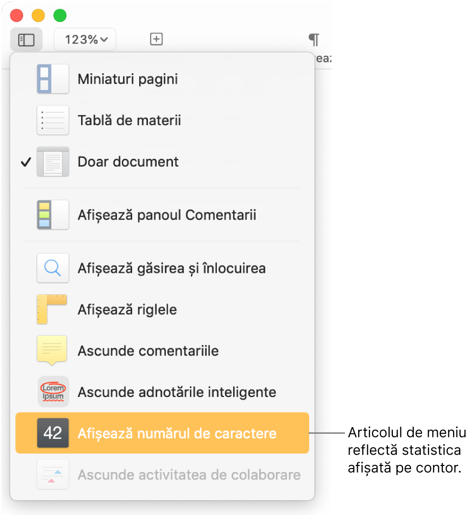 Meniul Vizualizare deschis, cu opțiunea Afișează contorul de cuvinte lângă partea de jos.