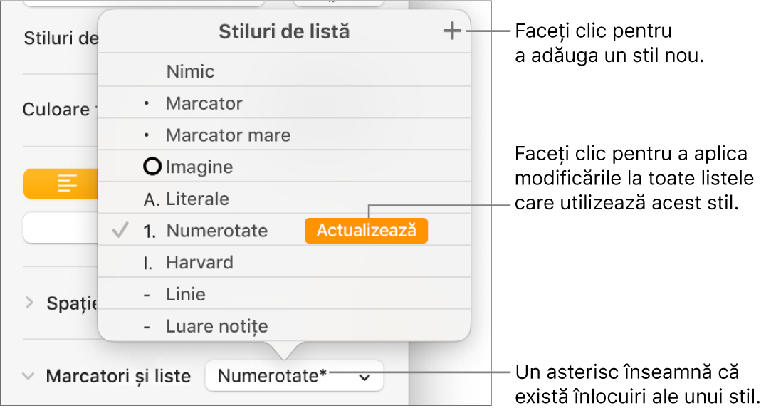 Meniul pop-up Stiluri listă cu un asterisc care indică o suprareglare și explicații la butonul Stil nou, precum și opțiuni pentru gestionarea stilurilor.