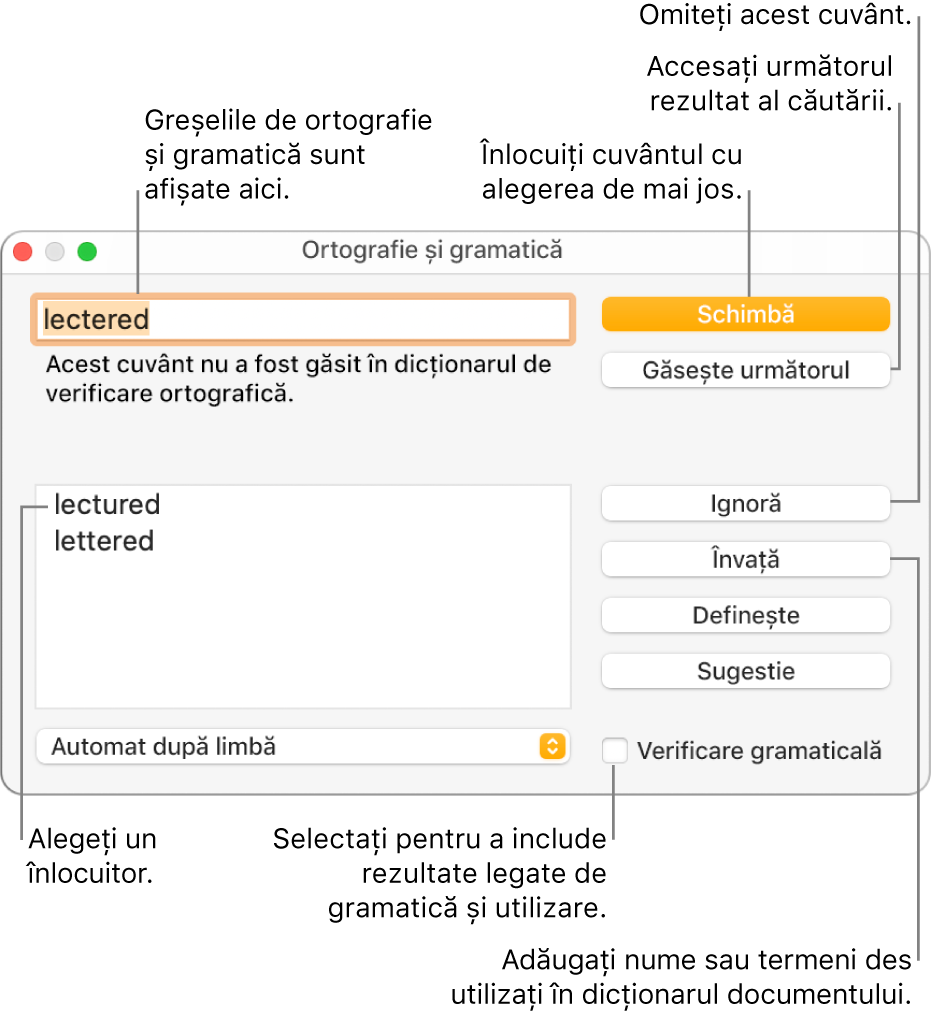 Fereastra Ortografie și gramatică.