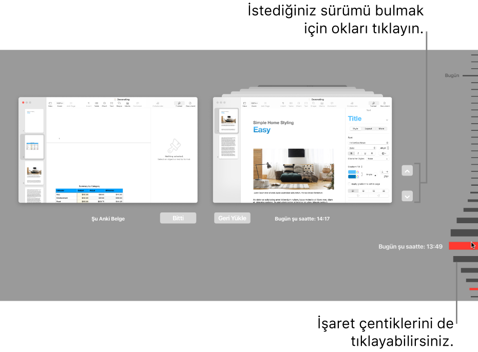 Güncel belgenin solda ve son kullanılan bir sürümün sağda gösterildiği sürümler zaman ekseni.