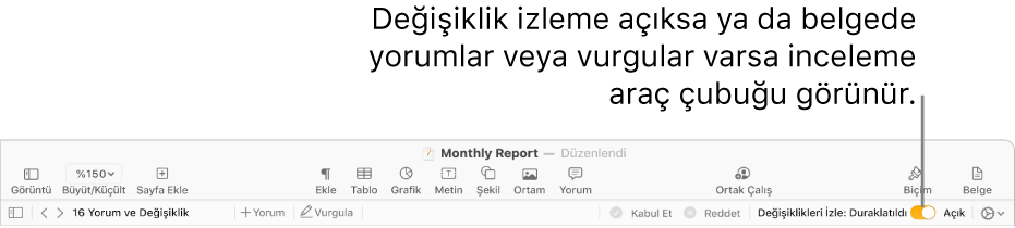 Değişiklik izleme açık hâlde Pages araç çubuğu ve bunun altında gözden geçirme araç çubuğu.