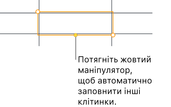 Вибрана клітинка із жовтим маніпулятором, потягнувши який, можна автоматично заповнити інші клітинки.