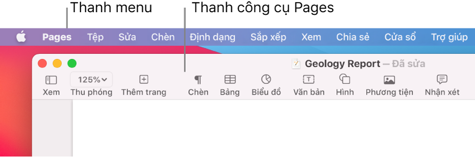 Thanh menu có menu Apple và menu Pages ở góc trên cùng bên trái và bên dưới, thanh công cụ Pages có các nút Xem và Phóng to ở góc trên cùng bên trái.