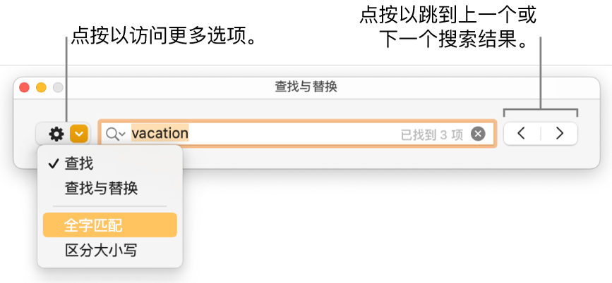 按钮带有标注的“查找与替换”窗口，其中显示“查找”、“查找与替换”、“全字匹配”、“区分大小写”等选项；其右侧为导航箭头。