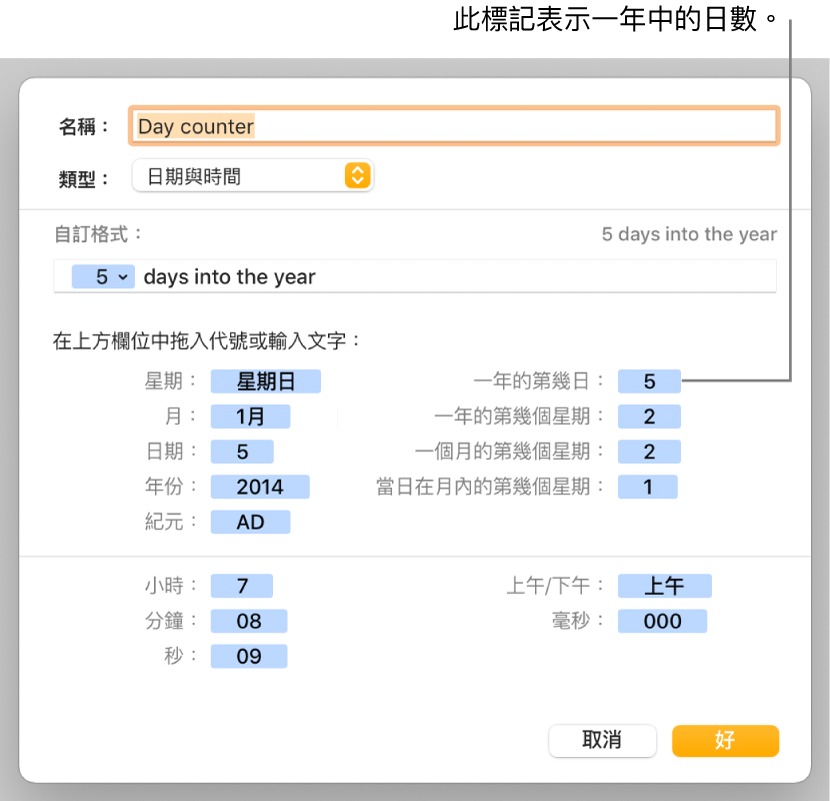 帶有控制項目的自訂輸入格格式視窗，用來選擇自訂日期與時間格式。