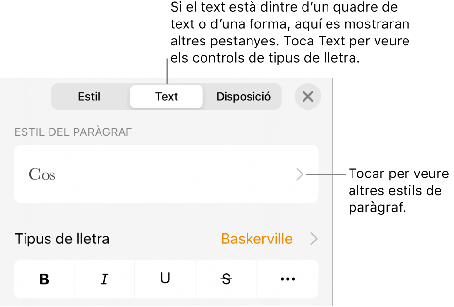 El menú Format amb els controls de text per definir els estils de paràgraf i de caràcter, el tipus de lletra, la mida i el color.