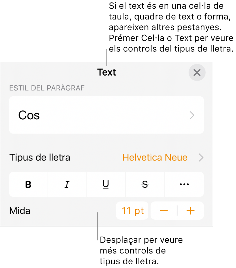 Controls de text al menú Format per definir els estils de paràgraf i de caràcter, el tipus de lletra, la mida i el color.