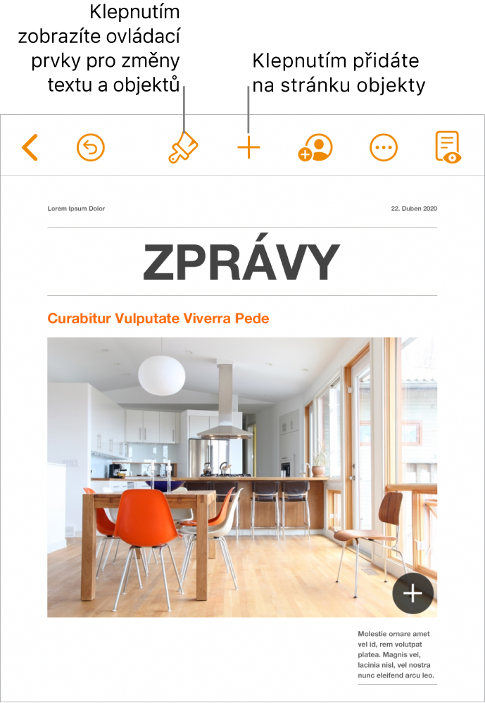 Dokument Pages s panelem nástrojů s tlačítky pro otvírání ovládacích prvků formátování a přidávání objektů