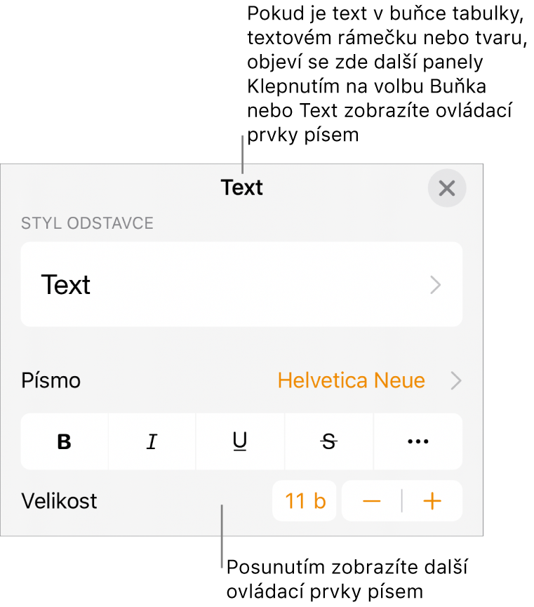 Ovládací prvky pro text v nabídce Formát pro nastavení stylů, písma, velikosti a barvy odstavce a znaků