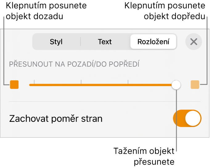 Tlačítko pro přesun vzad, tlačítko pro přesun vpřed a posuvník vrstev