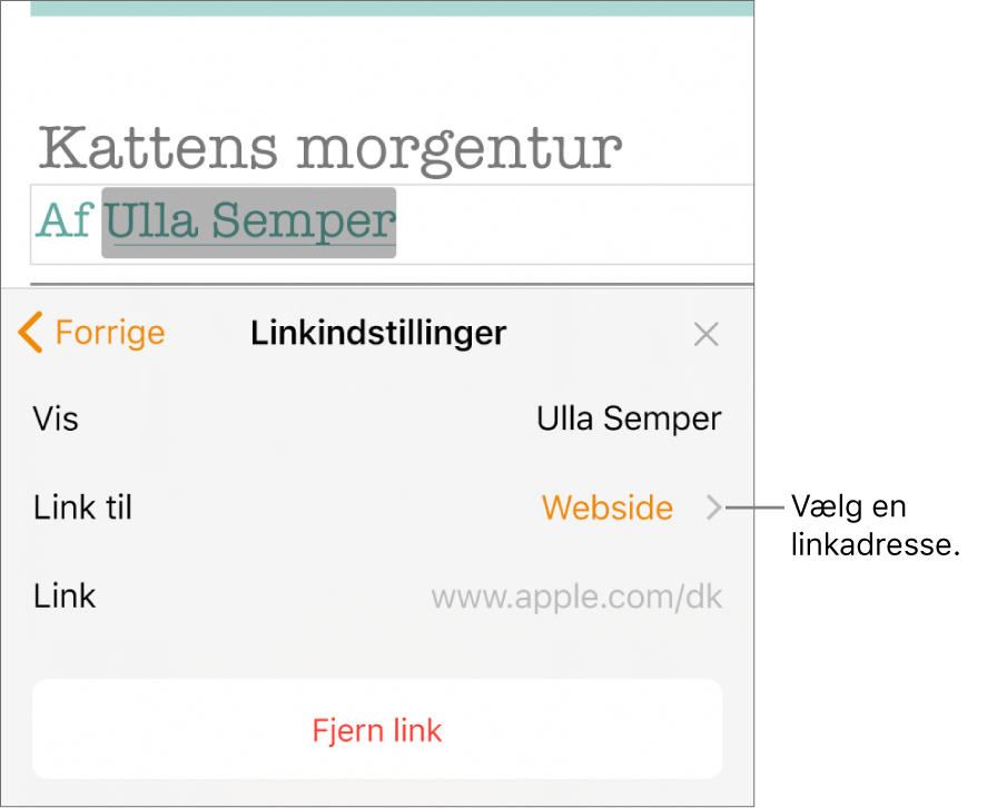 Betjeningsmulighederne til Linkindstillinger med feltet Vis, Link til (indstillet til Webside) og feltet Link. Nederst i betjeningsmulighederne findes knappen Fjern link.