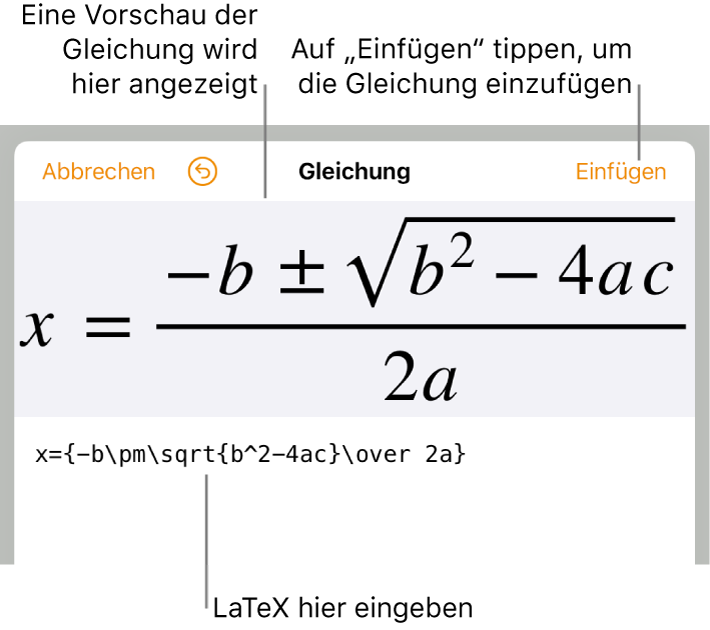 Die quadratische Formel, die mit LaTeX in das Feld „Gleichung“ geschrieben wurde, und einer Vorschau der Formel darunter.