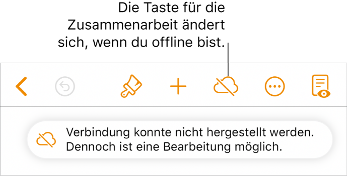 Die Tasten oben auf dem Bildschirm, darunter die Taste „Zusammenarbeiten“, ändern sich und werden als mit einer diagonalen Linie durchgestrichenen Wolke dargestellt. Ein Hinweis auf dem Bildschirm besagt, dass du offline bist, aber weiterhin arbeiten kannst.