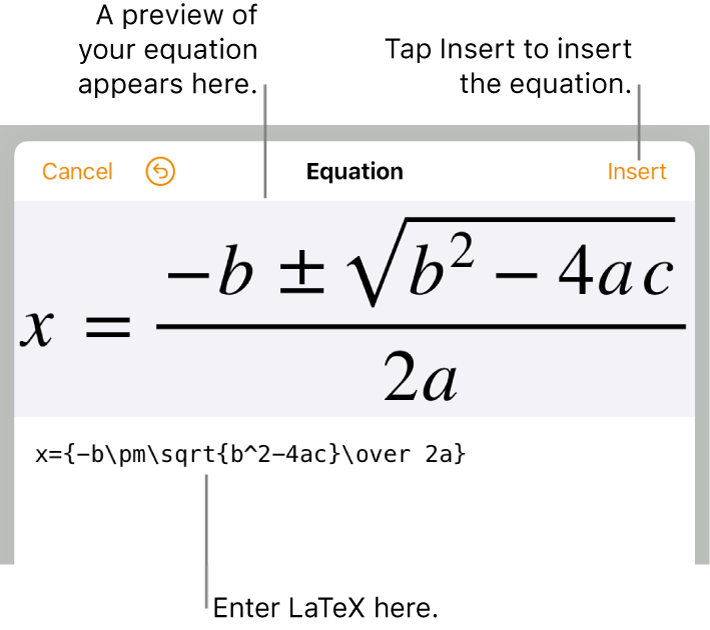 The quadratic formula written using LaTeX in the Equation field and a preview of the formula below.