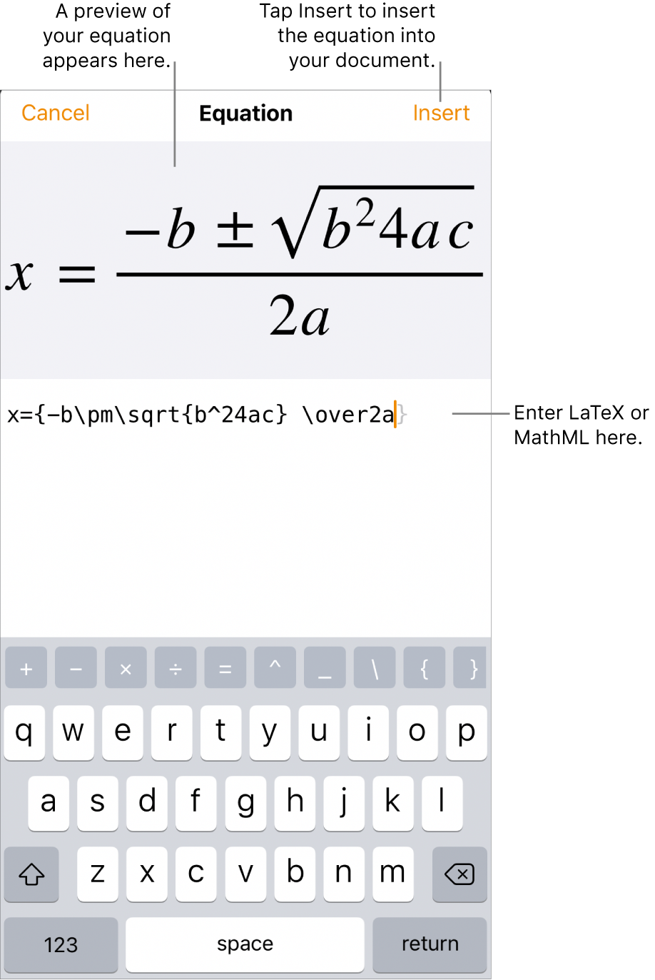 The Equation dialogue, showing the quadratic formula written using LaTeX commands, and a preview of the formula above.