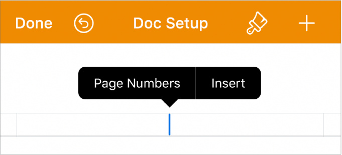 The Doc Setup window with the insertion point in a header field and a pop-up menu with two menu items: Page Numbers and Insert.