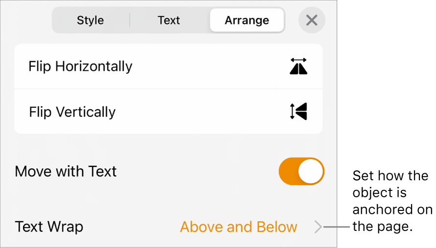 The Arrange controls with Move with Text and Text Wrap.