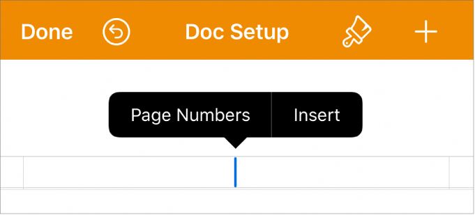 The Doc Setup window with the insertion point in a header field and a popup menu with two menu items: Page Numbers and Insert.