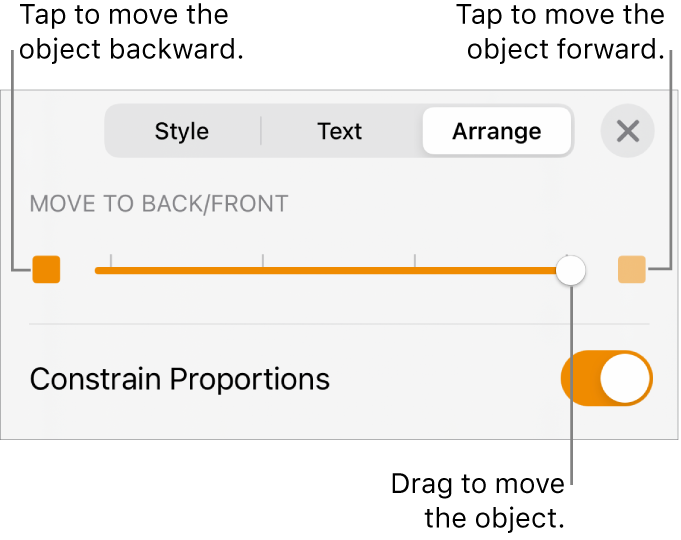 The Move Backward button, the Move Forward button, and the layering slider.