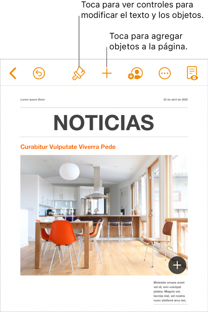 Documento de Pages con botones en la barra de herramientas para abrir los controles de formato y agregar objetos.