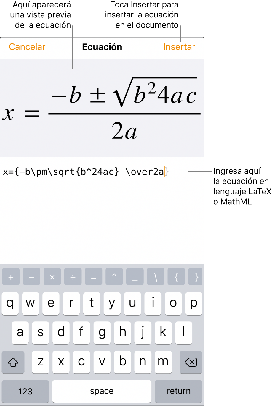 El diálogo Ecuación con la fórmula cuadrática escrita con comandos de LaTeX y una previsualización de la fórmula encima.