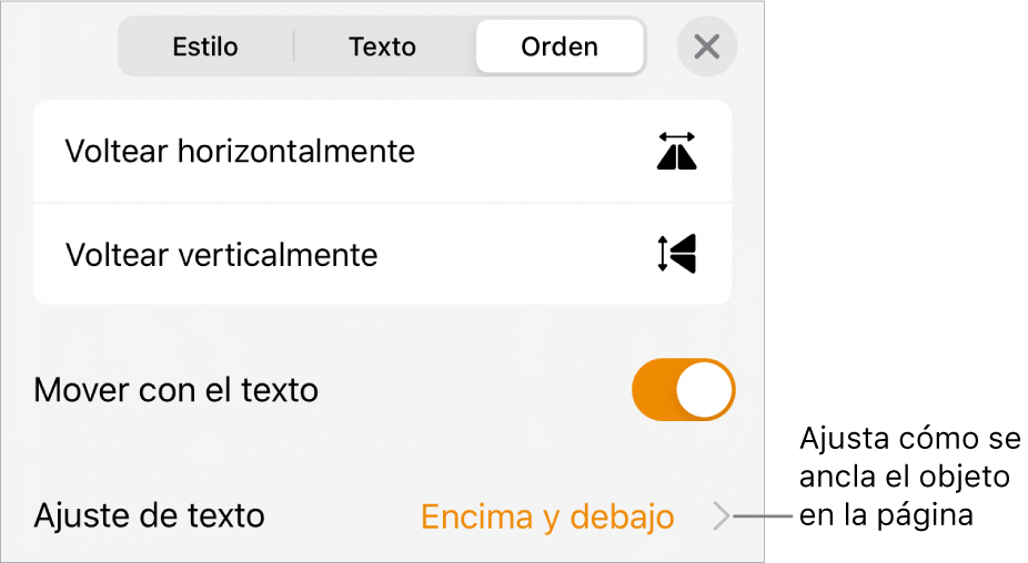 Los controles de disposición incluyen “Mover con texto” y “Ajuste de texto”.