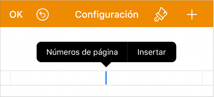 La ventana “Configuración del documento” con el punto de inserción en un campo de encabezado y un menú desplegable con dos elementos de menú: “Números de página” e Insertar.