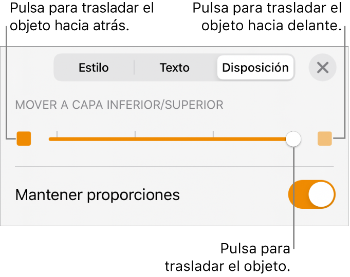 Botón “Mover hacia atrás”, botón “Mover hacia delante” y regulador de capa.