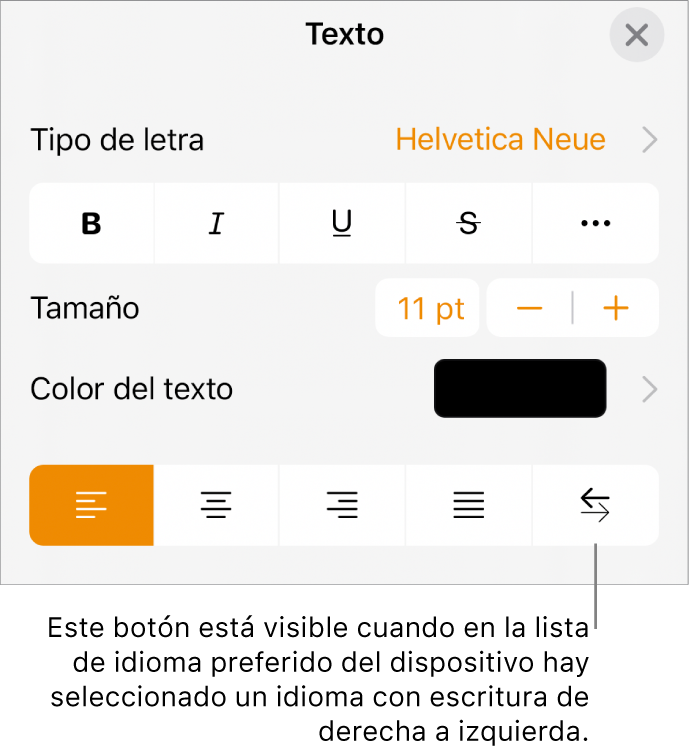 Controles de texto del menú Formato con una llamada al botón “De derecha a izquierda”.