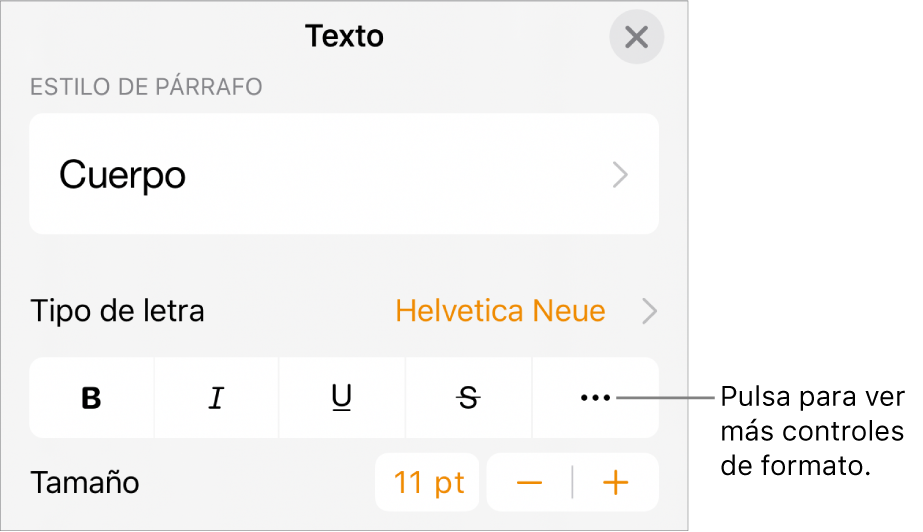 La pestaña Texto de los controles de formato, con una llamada al botón “Más opciones de texto”.