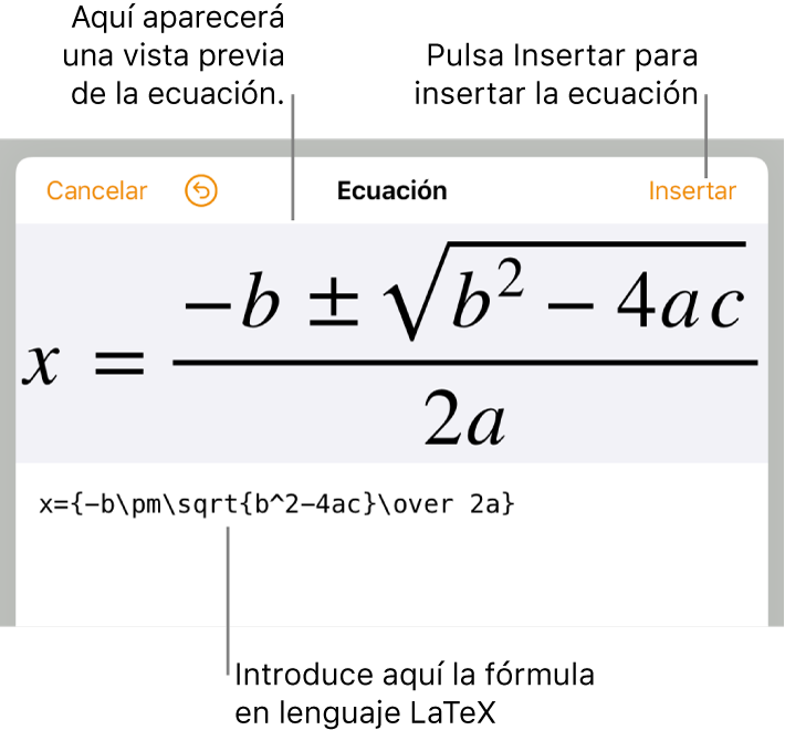 La fórmula cuadrática escrita con LaTeX en el campo de ecuación y la previsualización de la fórmula a continuación.