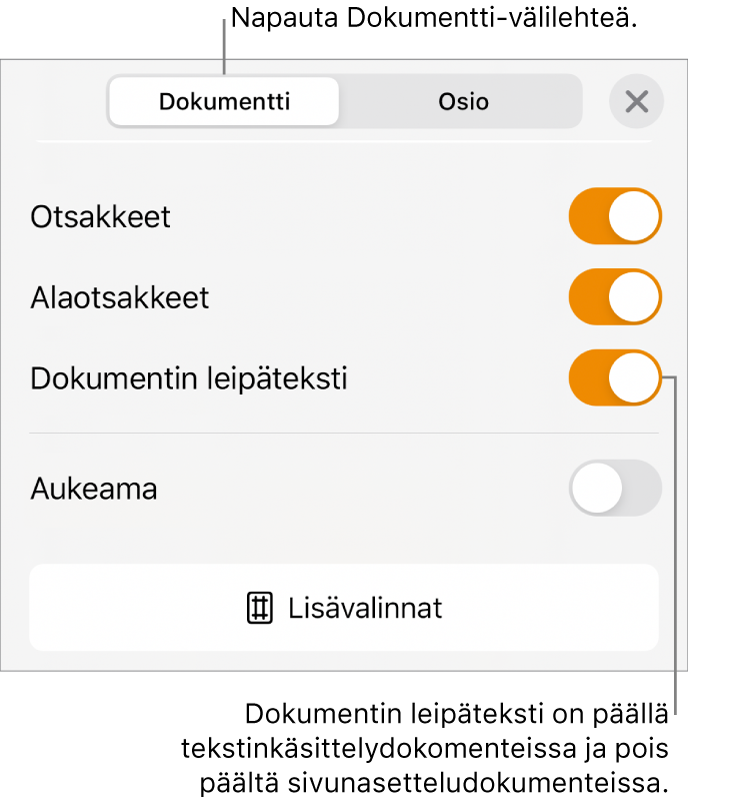 Dokumentin muotosäätimet, joissa on Dokumentin leipäteksti päällä näytön alareunassa.