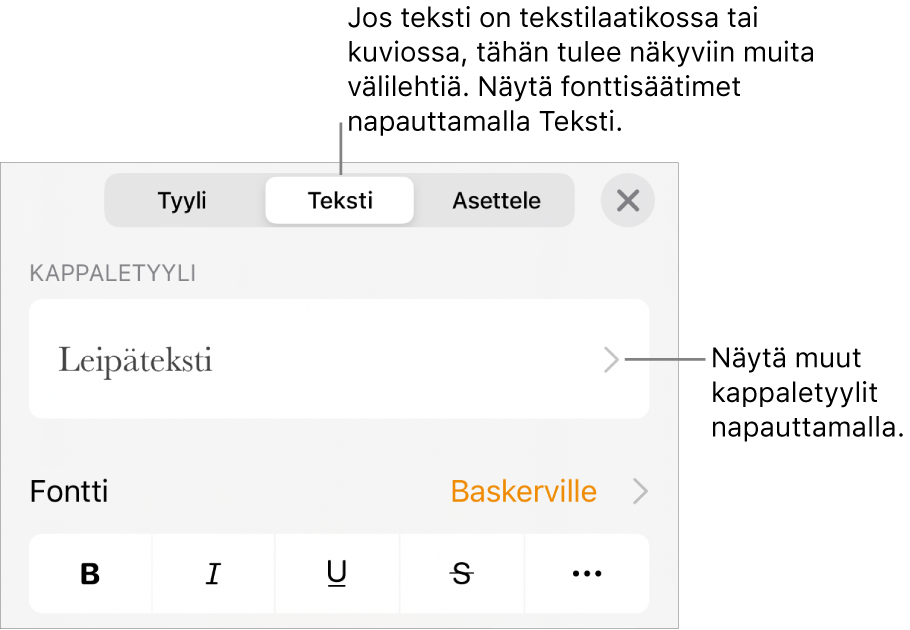 Muoto-valikko, jossa on tekstisäätimet kappale- ja merkkityylien, fontin, koon ja värin valitsemista varten.