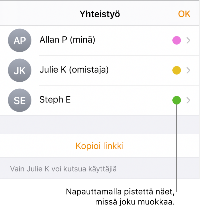 Osallistujaluettelo, jossa on kolme osallistujaa ja jokaisen nimen oikealla puolella erivärinen piste.